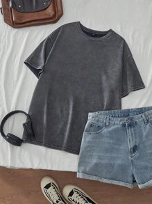 Comfortcana Plus Size Acid Washed Look Vintage Knitted Distressed Loose Fit Short Sleeve T-Shirt - Navy Blue - View 1