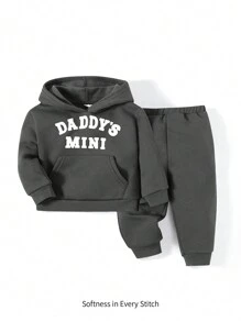 Cozy Pixies Baby Boy Casual Letter Print Hooded Sweatshirt And Jogger Pants, Thermal Lined , 2 Pcs/Set, Autumn/Winter - Grey - View 1