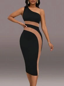 SHEIN Slayr Colorblock One Shoulder Split Back Bodycon Dress - Black - View 3