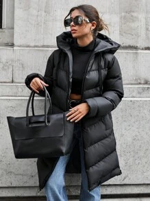 EURMUSE Lonk Line Puffer Down Coat Jacket, Side Zip Detailed, Hooded, Waterprof - Black - View 4