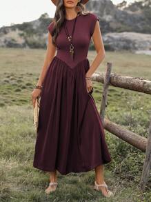 SHEIN LUNE 女士纯色圆领褶皱长裙，休闲与假日风格长款女装 - 紫紅色 - 查看 6