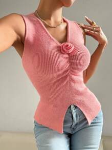 SHEIN LUNE Women's Solid Color 3D Flower Sleeveless Pleated Knitted Top, Daily Casual - Pink - View 4
