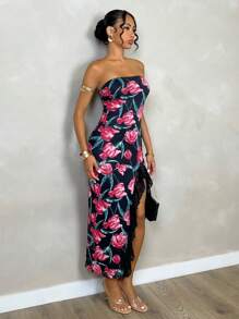 Glamine Stretchiges Blumendamenkleid ohne Träger, sexy und elegant mit Spitzenbesatz, ideal für ein Date-Night