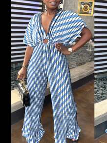 SHEIN SXY One Shoulder Hollow-Out Design Jumpsuit With Extra Wide Leg For Women - Blue and White - View 1