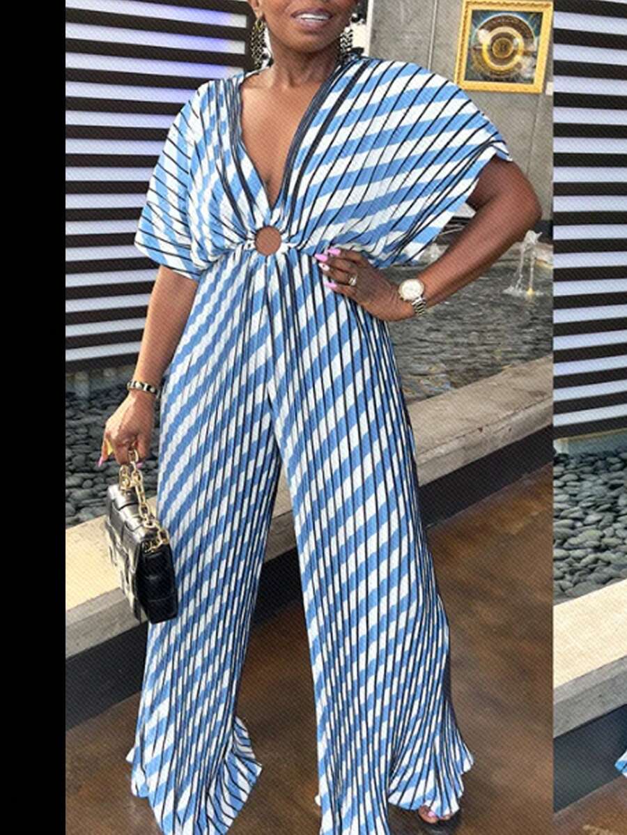SHEIN SXY One Shoulder Hollow-Out Design Jumpsuit With Extra Wide Leg For Women - Blue and White - View 1