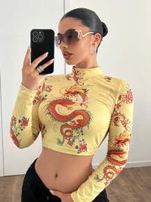 SHEIN ICON Áo thun cổ đứng hở lưng lưng dài in họa tiết Y2K hình rồng mùa thu hở lưng - Màu vàng - Xem 2