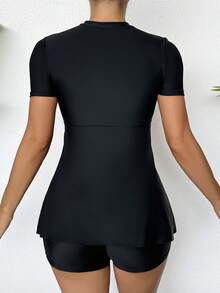 SHEIN Swim Women's Surfing Short Sleeve Round Neck Top And Slim-Fit Outdoor Sports Shorts - Black - View 4