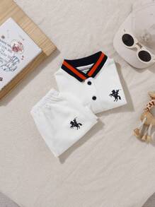 SHEIN Baby Jungen/Mädchen College Stil niedlicher gestrickter Cartoon Farbblock Polo Kurzarm Top und Shorts Set, geeignet für den Sommer