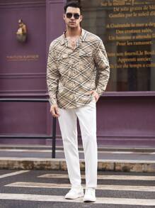 Manfinity VCAY Men's Knitted Loose Plaid Shacket With Drop Shoulder And Lapel, Suitable For Spring And Autumn Seasons