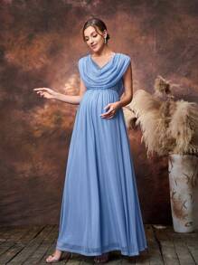 Faeriesty Dressalisa Maternity Draped Neckline Contrast Sequin Formal Party Dress - Blue - View 4