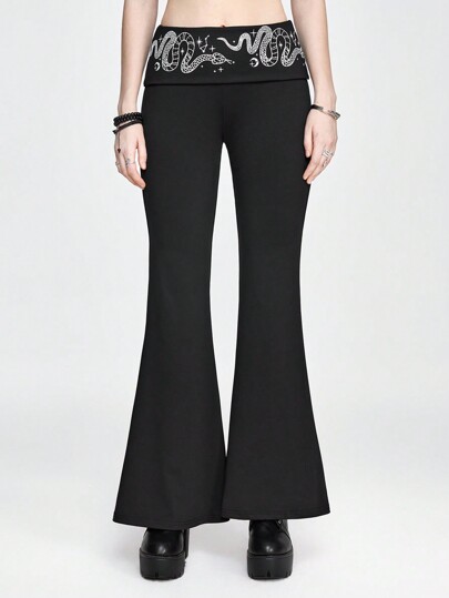 Goth Pantalones de campana con estampado de serpiente y elemento sol-luna gótico para mujer