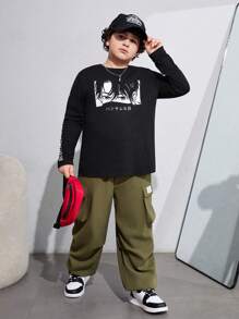 SHEIN Tween Boys加大尺碼卡通字母圖案長袖T恤