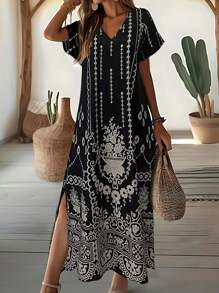 EMERY ROSE 大码女式休闲短袖印花连衣裙，适合日常穿着，女式夏季服装 - 黑色 - 查看 1