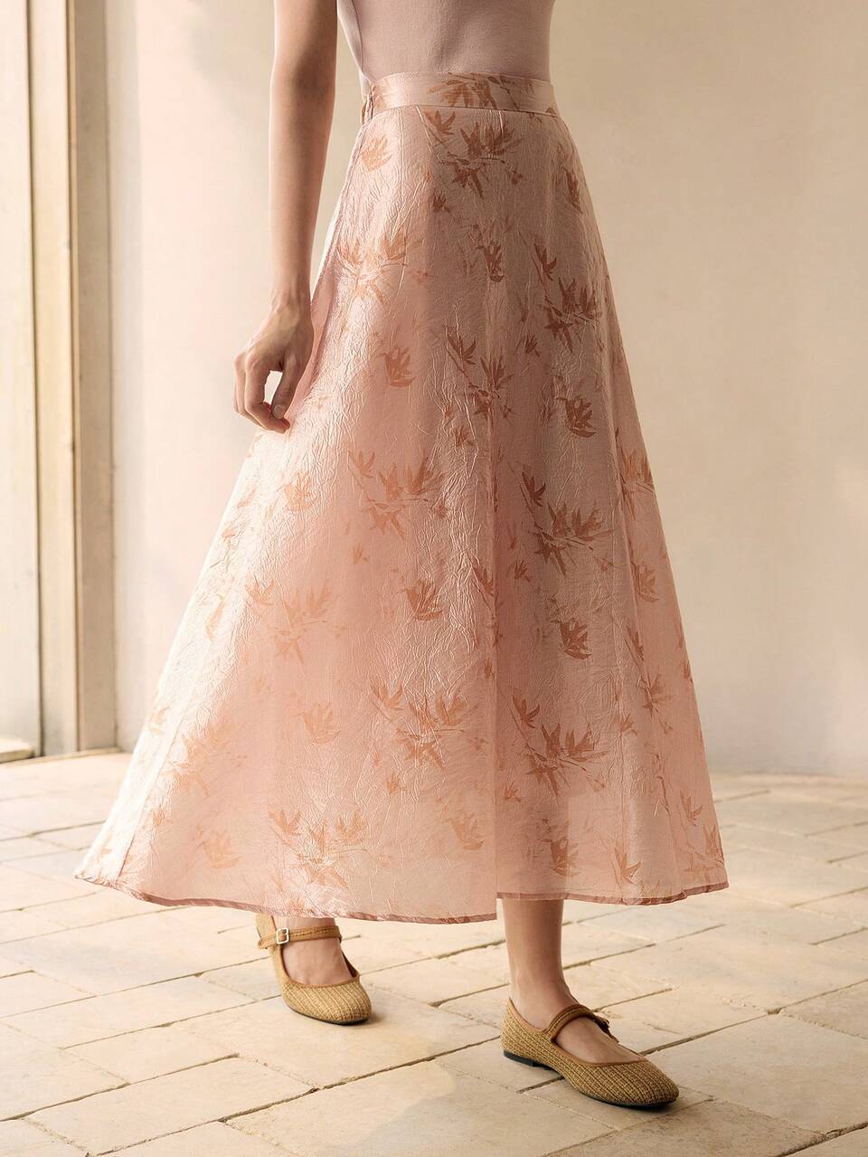 LEAF PRINT TEXTURED A LINE SKIRT