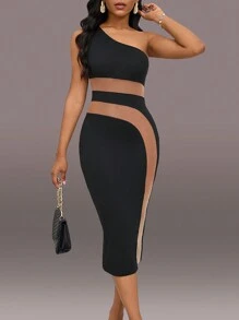 SHEIN Slayr Colorblock One Shoulder Split Back Bodycon Dress - Black - View 5