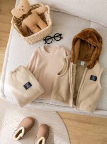 SHEIN 3入組嬰兒男/女休閒連帽背心、運動衫和加厚長褲套裝，秋冬季 - 彩色 - 查看 6