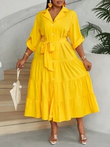 Maweii Plus Size Women's Elegant V-Neck Buttoned Front Long Sleeve Belted Dress With Layered Ruffle Hem Maxi Women Outfit Fall Cloth For Women