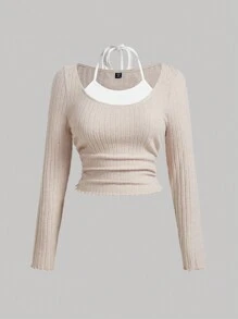 SHEIN MOD 大碼春季淺卡其和白色雙色萵苣邊平口掏背二合一T恤，可綁帶 - 駝色 - 查看 1