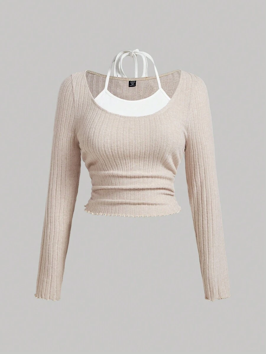 SHEIN MOD 大碼春季淺卡其和白色雙色萵苣邊平口掏背二合一T恤，可綁帶 - 駝色 - 查看 1