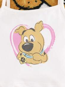 SCOOBY-DOO X SHEIN Baby Girl Cartoon Dog Printed Cami Top And Sweet Pink Pleated Skirt, Summer