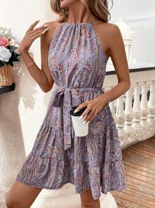 SHEIN Clasi Women's Summer Open Shoulder Printed Casual Dress (Random Pattern) - Purple - View 1