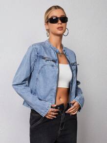 SHEIN EZwear 女士拉链洗水牛仔夹克 - 藍色 - 查看 2