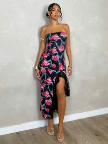 Glamine Stretchiges Blumendamenkleid ohne Träger, sexy und elegant mit Spitzenbesatz, ideal für ein Date-Night