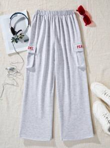 Pantalones casuales para niña preadolescente con letras impresas y bolsillos