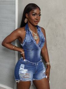 SHEIN Slayr Women's Frayed Edge Denim Jacket With Hanging Strap, Summer - Medium Wash - View 6