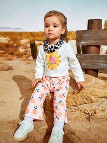 SHEIN 2pcs Baby Girls' Autumn/Winter Yellow Long Sleeve Fun Printed American Western Country Vacation Back To School Sports Cute Daily Casual Outfits - Multicolor - View 5