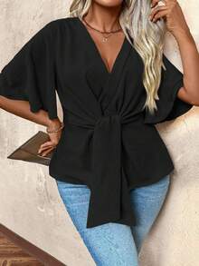 Breezaya Plus Size Vacation Casual Solid Color Bell Sleeve Shirt With Cinched Waist - Black - View 5