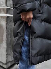 EURMUSE Lonk Line Puffer Down Coat Jacket, Side Zip Detailed, Hooded, Waterprof - Black - View 5