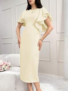 Modelyn Đầm dạ hội dài cổ tròn tay bèo nhún cho nữ, tôn eo, thanh lịch và duyên dáng - trắng - Xem 1