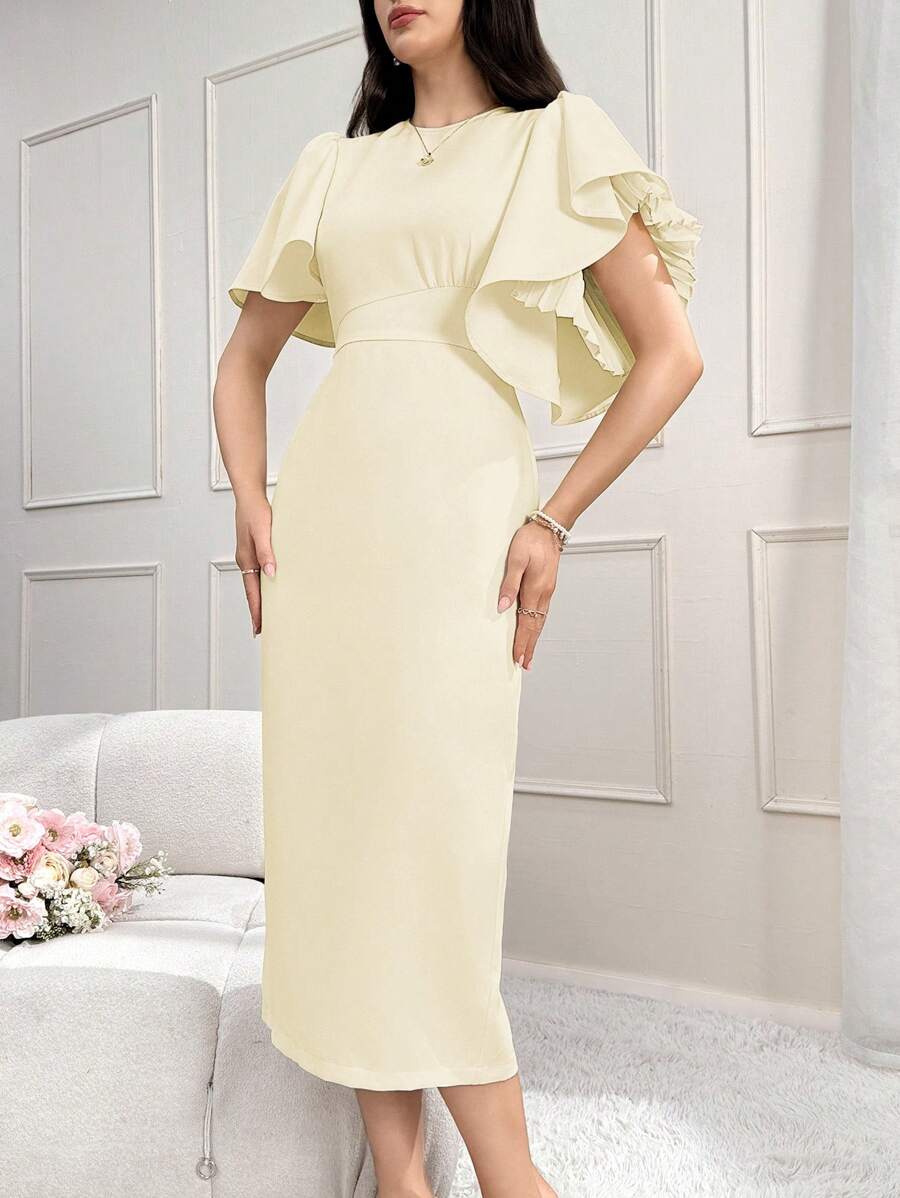 Modelyn Đầm dạ hội dài cổ tròn tay bèo nhún cho nữ, tôn eo, thanh lịch và duyên dáng - trắng - Xem 1