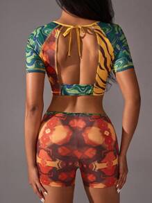 VARSITIE 夏季運動基礎印花衝浪服，胸前杯狀設計，附工作頂 - 彩色 - 查看 4