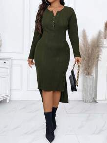 Calvaya Váy midi xẻ tà đan gân cỡ lớn - xanh quân đội - Xem 4