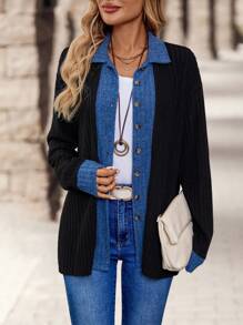 EMERY ROSE Women's Spring/Autumn Casual Contrast Color Knitted Cardigan - Black - View 1