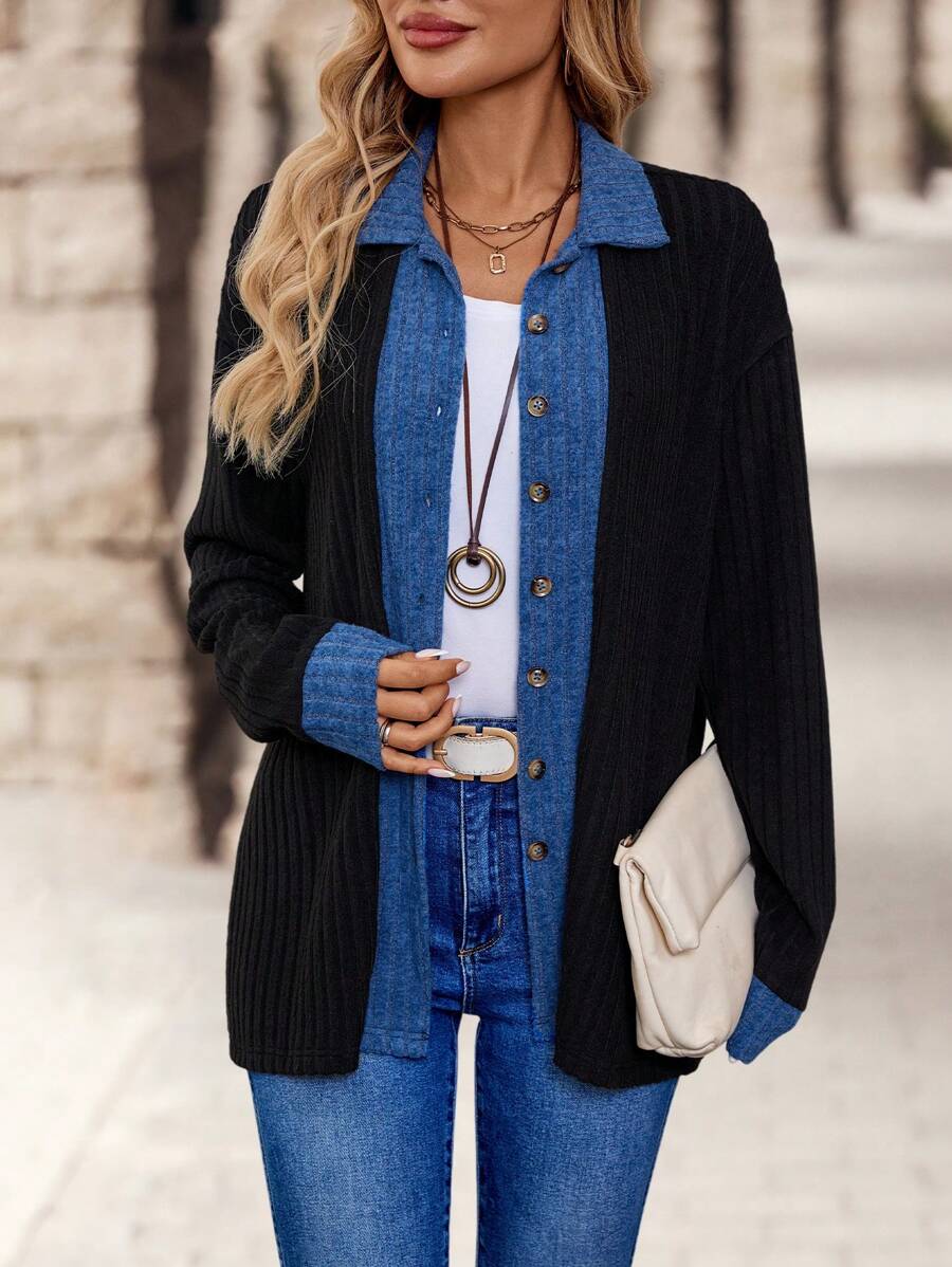 EMERY ROSE Women's Spring/Autumn Casual Contrast Color Knitted Cardigan - Black - View 1