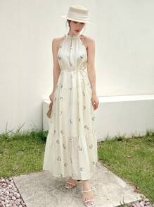 EastFlair Floral Printed Halter Neckline Dress With Ruffled Hem, Summer Style - Apricot - View 5