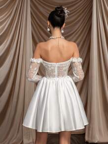 SHEIN Belle Gorgeous, Elegant, Noble, And Lovely White Off Shoulder See-Through Long Sleeve Dress, Lace & Satin Patchwork Boned A-Line Dress, Suitable For Bachelorette Party, Wedding, Graduation Season & Holiday, Great Gift For The Bride-To-Be Or Formal Occasions Bridal Dress, Bridal Shower Dress White Dress - White - View 3