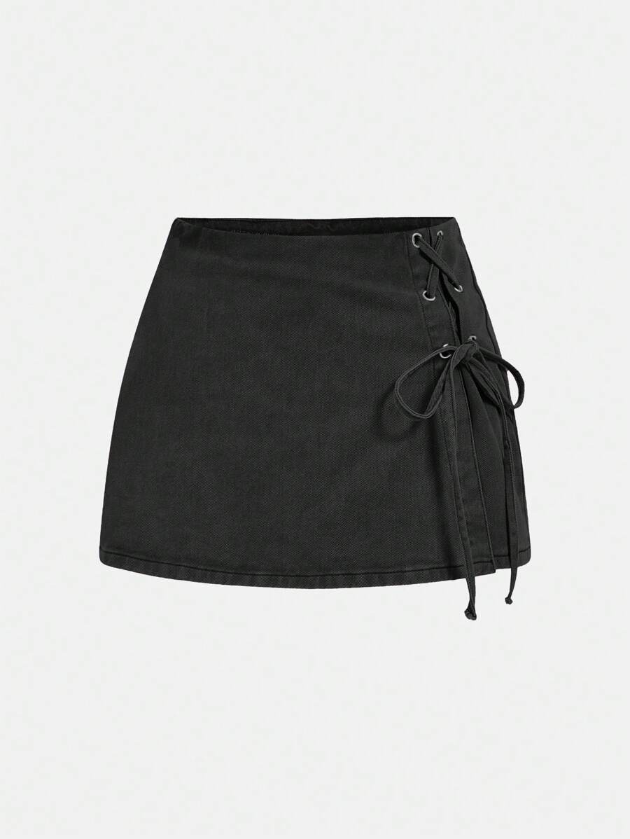 SHEIN MOD 女士牛仔休閒裙,帶鏈眼混紡側邊細節。 - 黑色 - 查看 1