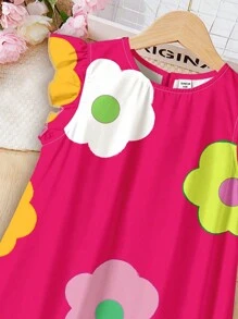 SHEIN ModeFlare Wear Tween Girl's Casual Simple Cartoon Flower Pattern Ruffle Sleeve Dress, Suitable For Summer - Multicolor - View 3