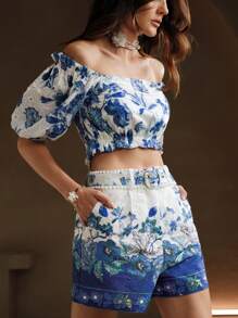Anewsta Shorts stampati eleganti da donna con cintura, anello a D e design con tasche - Bianco - Visualizzare 6