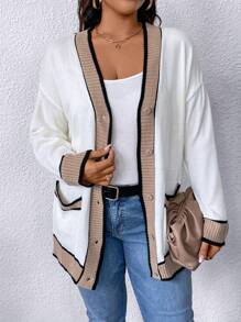 SHEIN LUNE Plus Size Women's Color Block Simple Daily Long Sleeve Cardigan - Multicolor - View 3