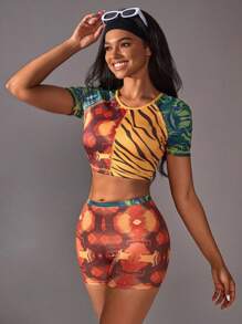 VARSITIE 夏季運動基礎印花衝浪服，胸前杯狀設計，附工作頂 - 彩色 - 查看 2