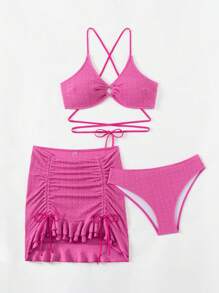 SHEIN Swim 女士纯色圆形链接性感比基尼套装，适合夏季海滩，带罩裙 - 玫紅色 - 查看 5