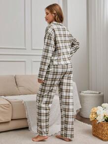 EURMUSE 2Pcs  Plaid Printed Collar Detail PJ Set - Multicolor - View 2