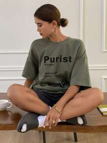 Livesso Conjunto suelto de camiseta de manga corta y shorts con estampado de letras, ropa de hogar simple
