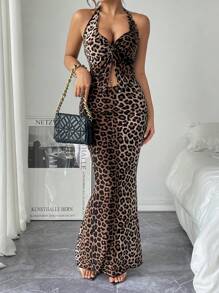 Breezaya Summer Sexy Leopard Print V-Neck Cross Twist Knot Slit Top And Fish Tail Skirt Set With Halter - Multicolor - View 7