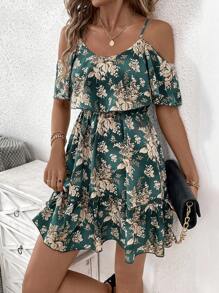 SHEIN Clasi 女士浪漫花卉和植物印花荷葉邊吊帶連衣裙，夏季款 - 綠色 - 查看 6